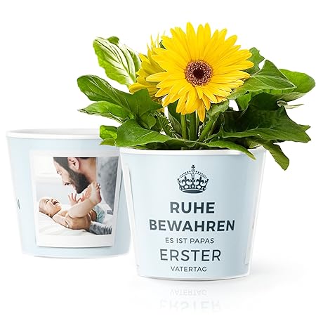 Facepot Blumentopf (ø16cm) | Geschenk zum 1. Vatertag mit Bilderrahmen für Zwei Baby Fotos (10x15cm) | Ruhe bewahren es ist P
