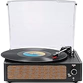 WOCKODER Vinyl Record Players Vintage Turntable with Speakers Belt-Driven Turn Tables Support 3-Speed, Bluetooth Wireless Playback, Headphone, AUX-in, RCA Line LP Phonograph Auto Stop Retro Black