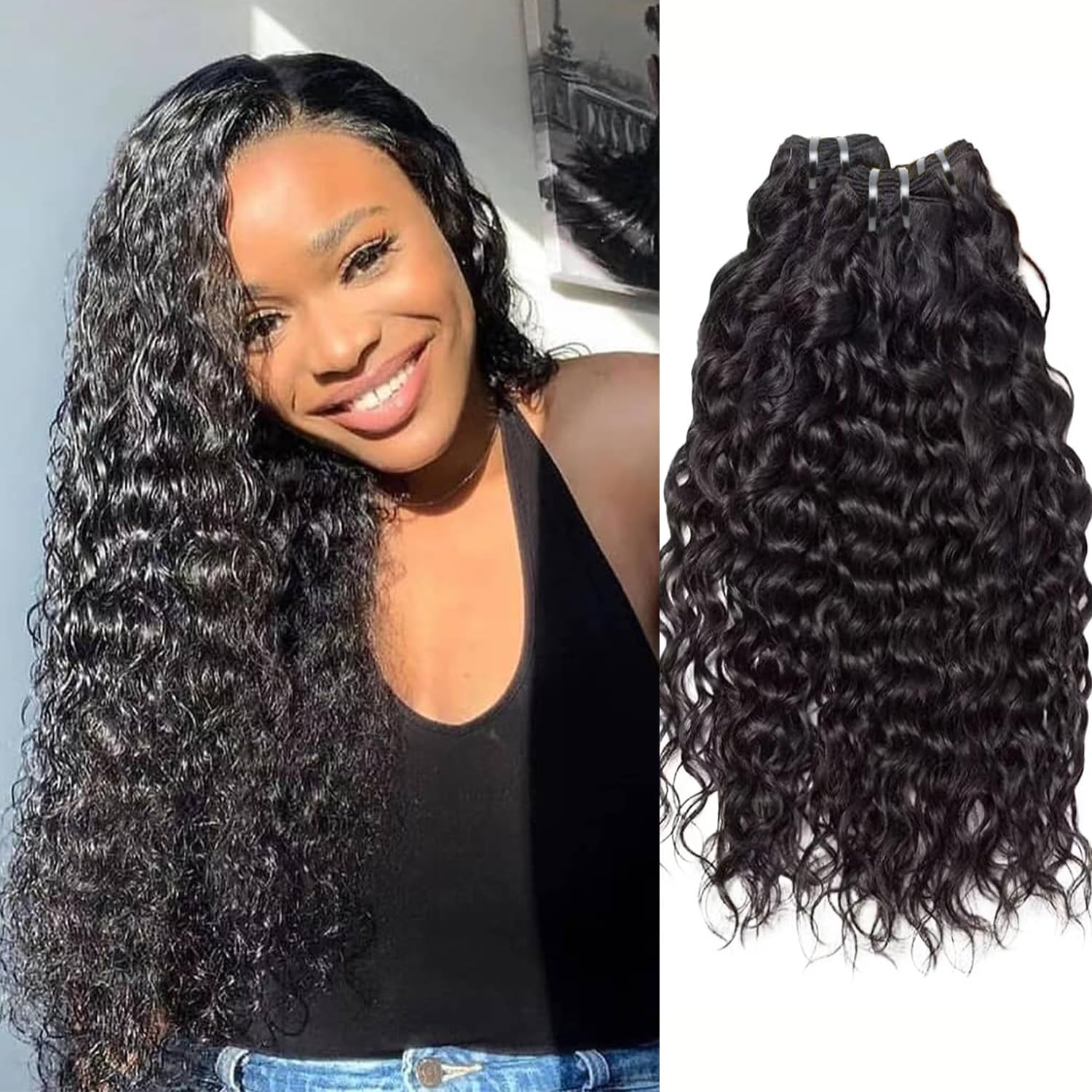 Yavida Water Wave Human Hair Bundles - Brazilian Virgin Hair Extensions, 3 Bundles Deal, 12 14 16 Inch, 100% Unprocessed Curly Real Hair