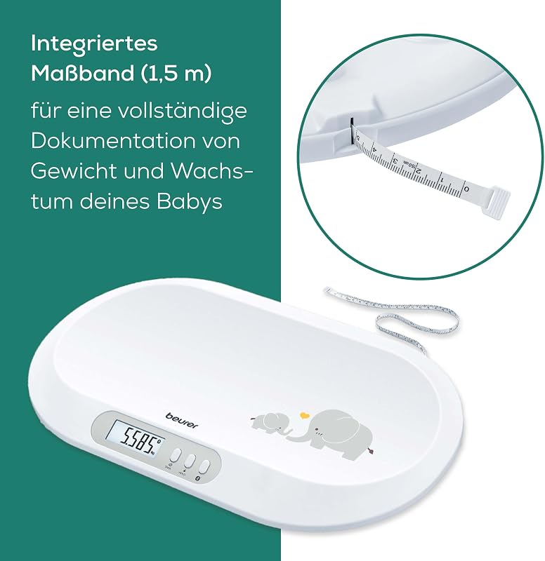 BY 90 Babywaage mit kostenloser App (iOS + Android) integriertes Maßband, 20 kg Tragkraft und Hold-Funktion für stramplende Babys