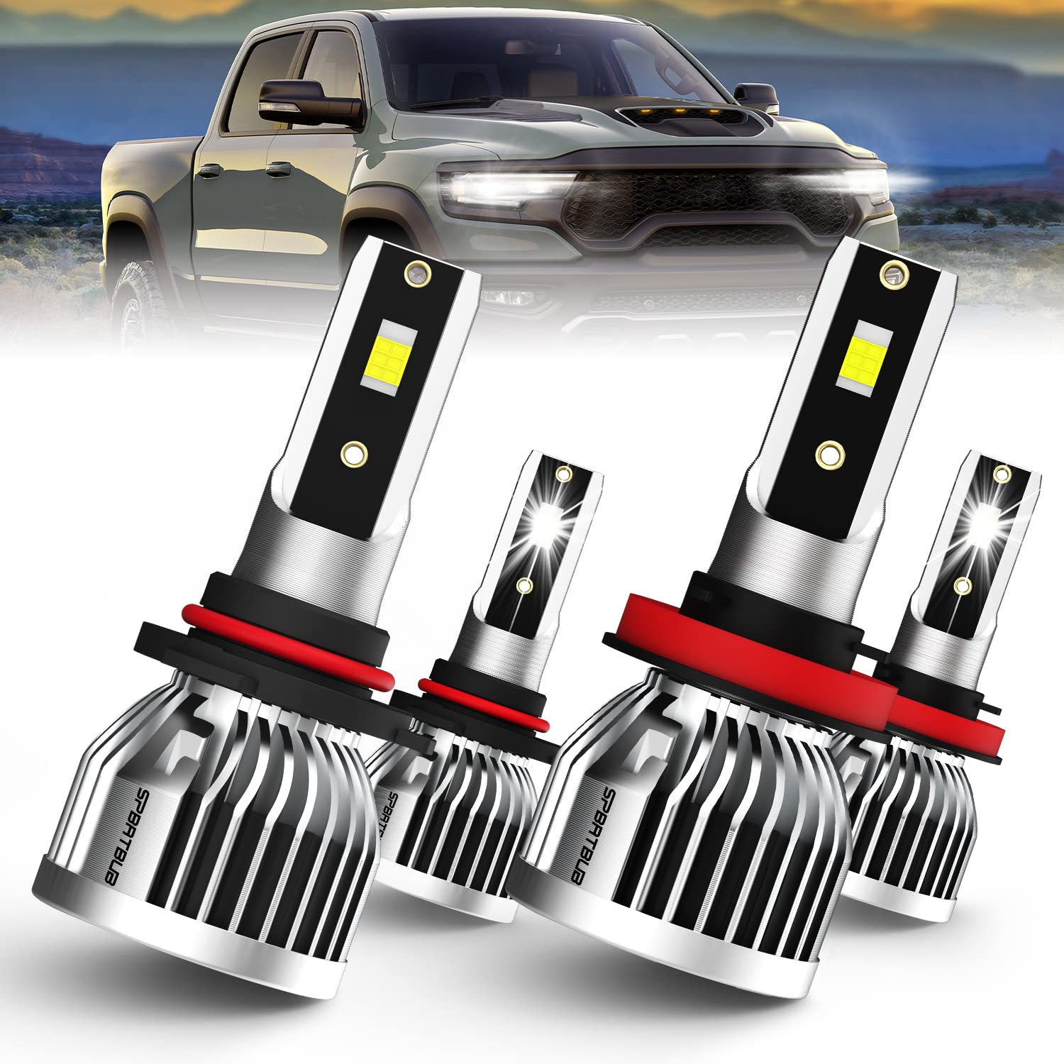 Photo 1 of SPBRTBUB Compatible with 2013-2021 Dodge RAM 1500 2500 3500 Without Projector (2019 2020 2021) led Light Bulbs, 9005/HB3/H10 high Beam + H11/H8/H9 Low Beam Lighting Combo kit, Pack of 4
