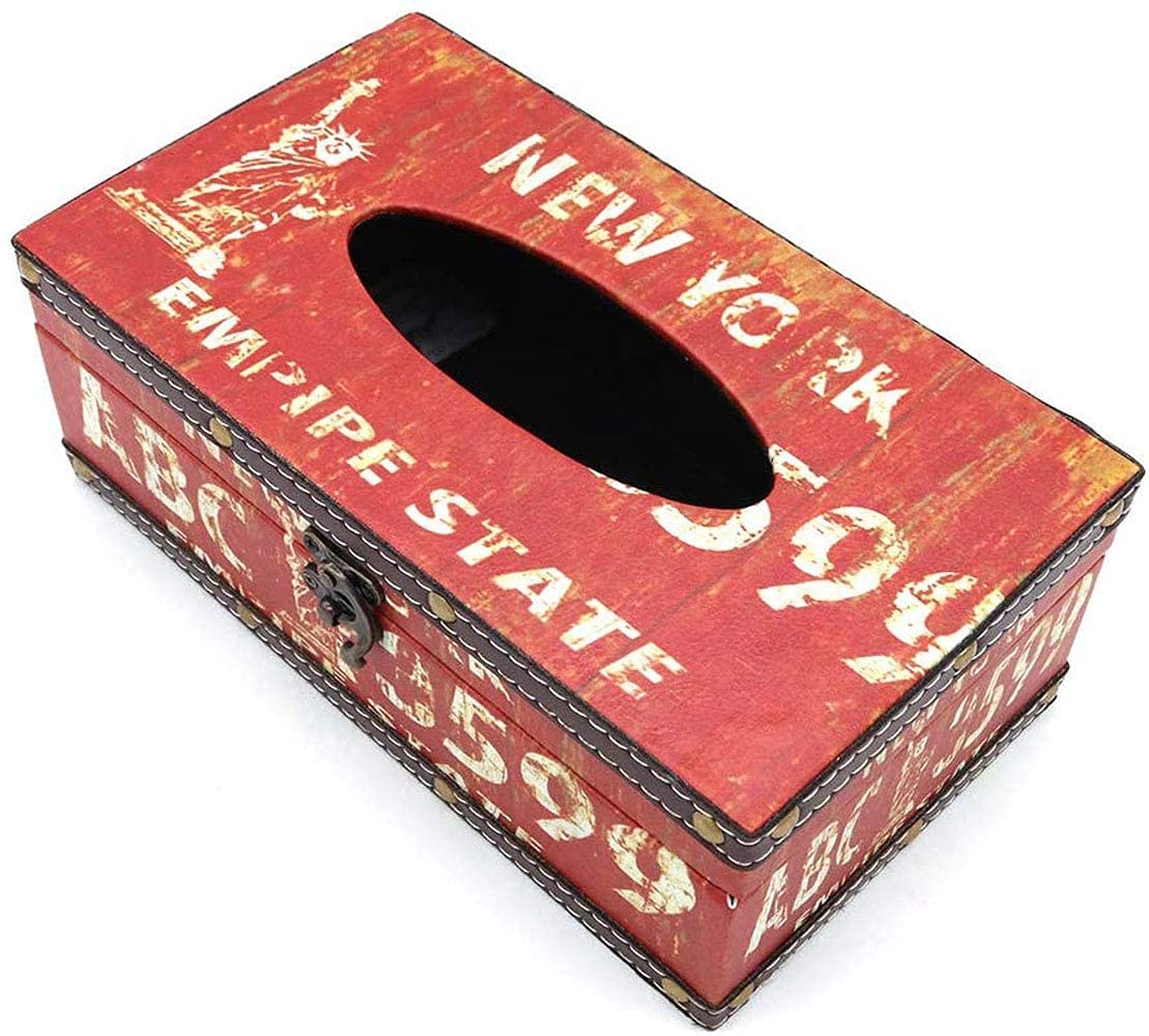 POFET Vintage Chic Shabby Wooden Tissue Box Holder Rectangle Handcraft Tissue Paper Box Cover Napkin Organizer Holder Home Storage Room Office Car Decoration with Metal Lock - New York