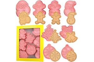 Crethinkaty 8pcs 3D Pressable Christmas Cookie Cutter Set - Santa, Snowman, Tree, Bells, Gingerbread, Snowflake, Merry Christ