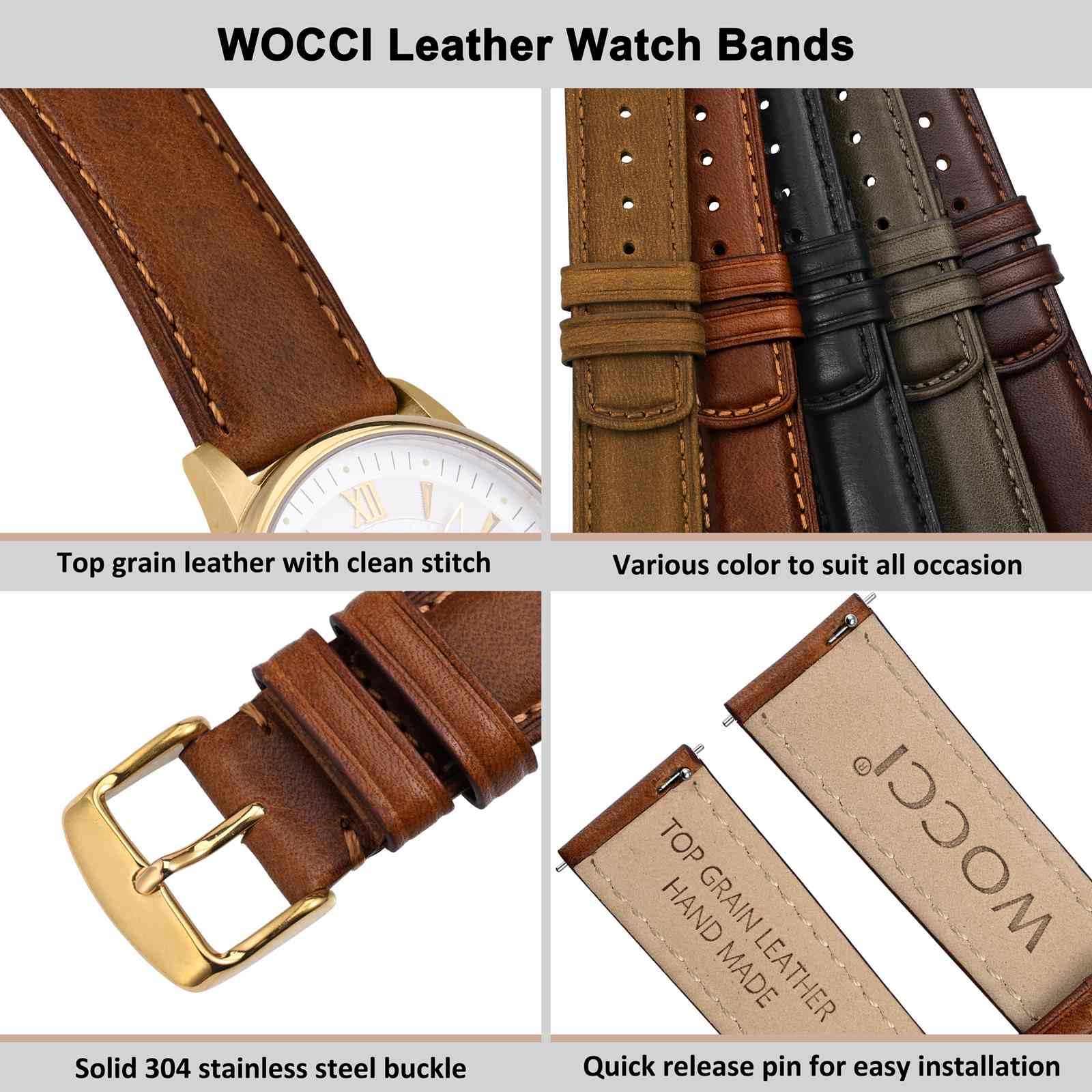 WOCCI Quick Release Watch Band, Distressed Genuine Leather, Stainless Steel Buckle, Strap Width 18mm 19mm 20mm 22mm 24mm