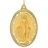 14k Yellow Gold Miraculous Medal Pendant with Virgin Mary Halo and Rays, O Mary Conceived Prayer Inscription, Catholic Oval Religious Necklace for Women, Devotional Jewelry of Faith and Grace