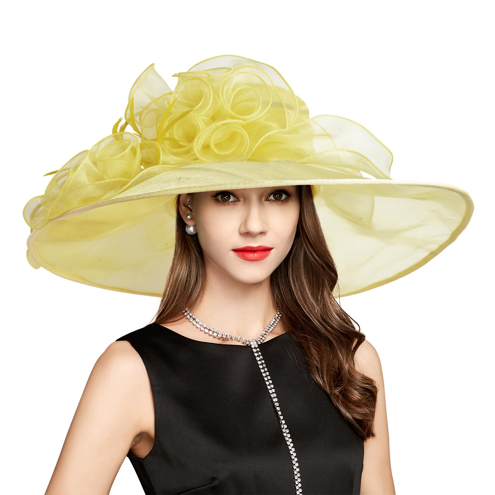 Photo 1 of 2025 Derby Hats for Women Girls Ladies, Organza Church Tea Party Wedding Fascinator Hat UV Protection Sun Hat Yellow