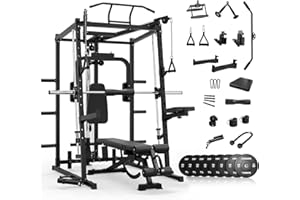 Mikolo All-in-One Smith Machine Home Gym with 230lbs Weight Plates, Power Cage with Cable Crossover, LAT Pulldown, Squat Rack & Adjustable Weight Bench