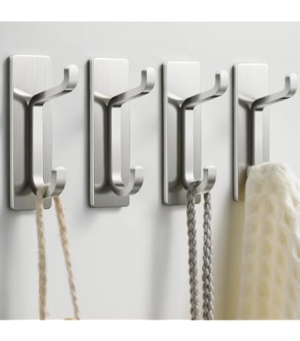 IRomic 4-Pack Matte Black Stainless Steel Adhesive Hooks – Strong 3M Tape For Towels, Robes, Coats, And Utensils (No-Drill Wall Mount)