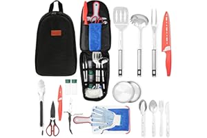 Camping Utensils Set, 21pcs Camp Cooking Kit with BBQ Tools, Knife Set & Spice Kit – Heat-Resistant Cutting Board, Dishwasher
