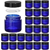 BPFY 24 Pack 2 oz Round Blue Glass Cosmetic Jars with Inner Liners and Black Lids, Travel Jars, Refillable Containers for Mak