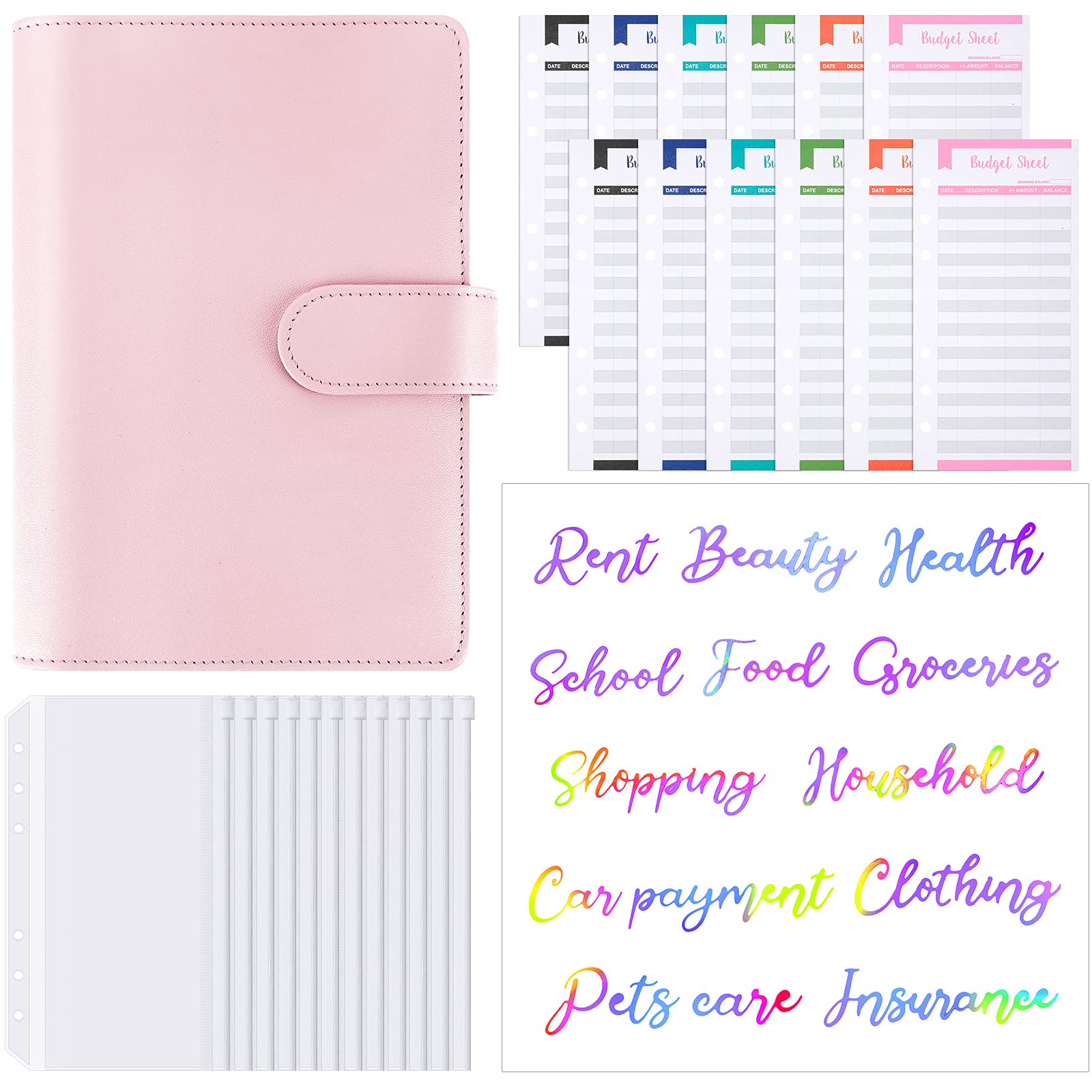 27 Pieces Budget Cash Envelopes System A6 Leather Binder Cover, Waterproof 6-Ring Binder Notebook with 12 Budget Envelopes, 12 Colorful Budget Sheets and Laser Letter Labels for Planner (Pink)