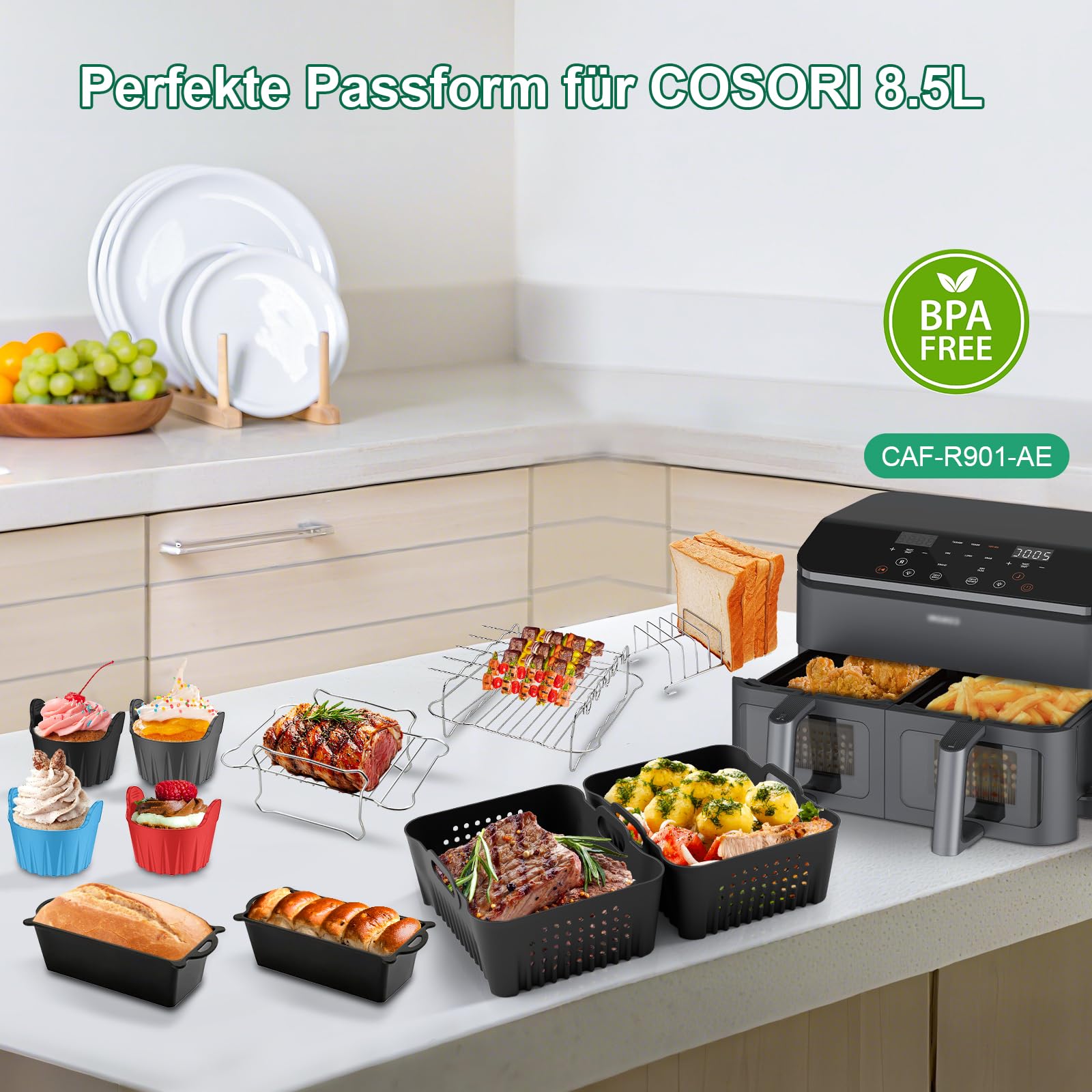 Heißluftfritteuse Zubehör Set für den COSORI Dual Blaze Airfryer 8,5 L. 21-Teiliges Set inklusive Wiederverwendbarer Silikon-Einsätze, Einem Grillrost, Silikon-Toastformen, Muffinformen und Mehr 2