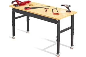 Antifir 60" Adjustable Workbench,Heavy Duty Workstation with Rubber Wood Top, 2000 LBS Load Capacity Hardwood Garage Worktable for Garage,Office,Workshop,Home, Easy Assembly