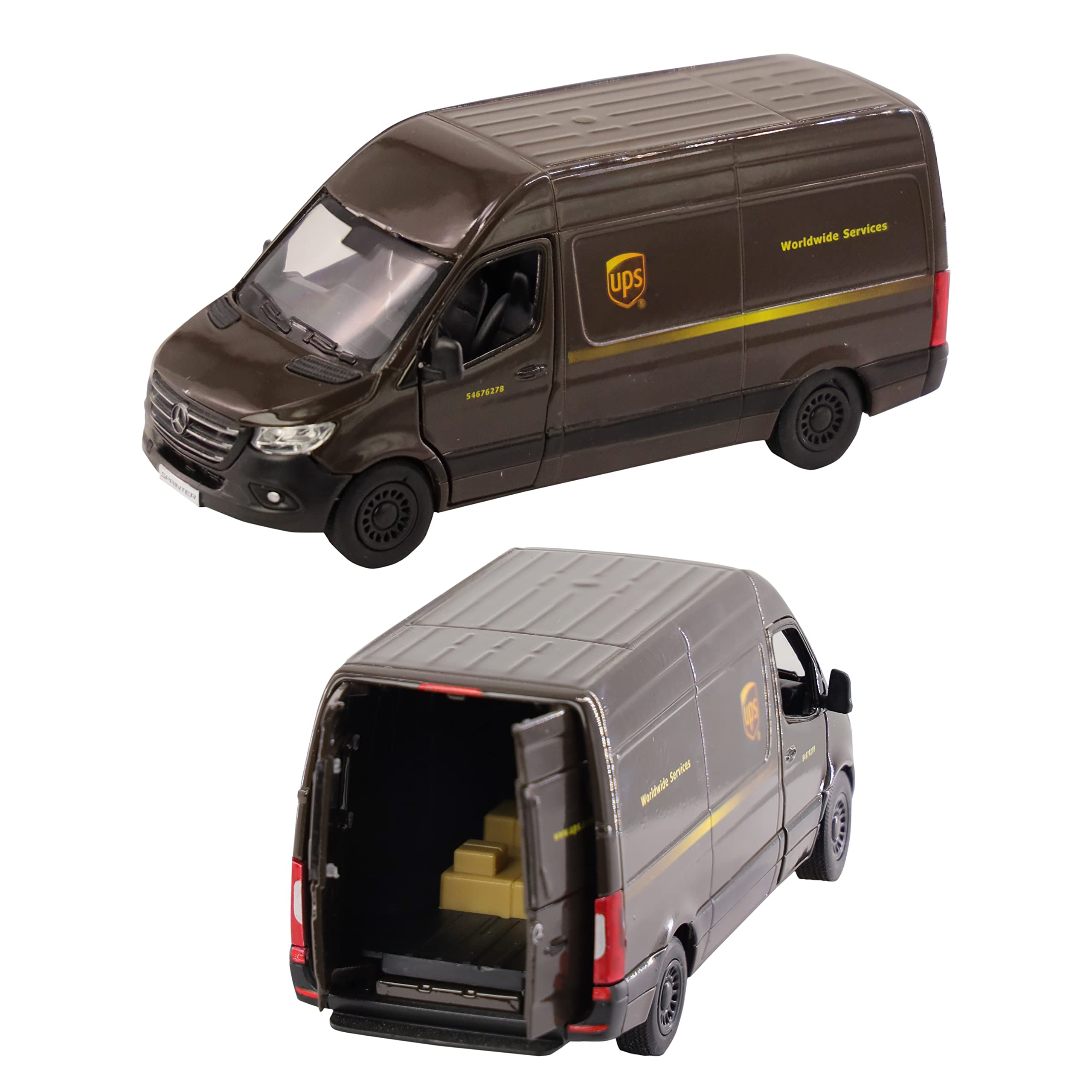 D.A.Y. Republic Official Licensed Mercedes Benz Sprinter UPS Panel Van - 1:48 Scale, with Open and Close Doors, Metal Die Cast, Pull Back and Go, Action Toy Collectors Model
