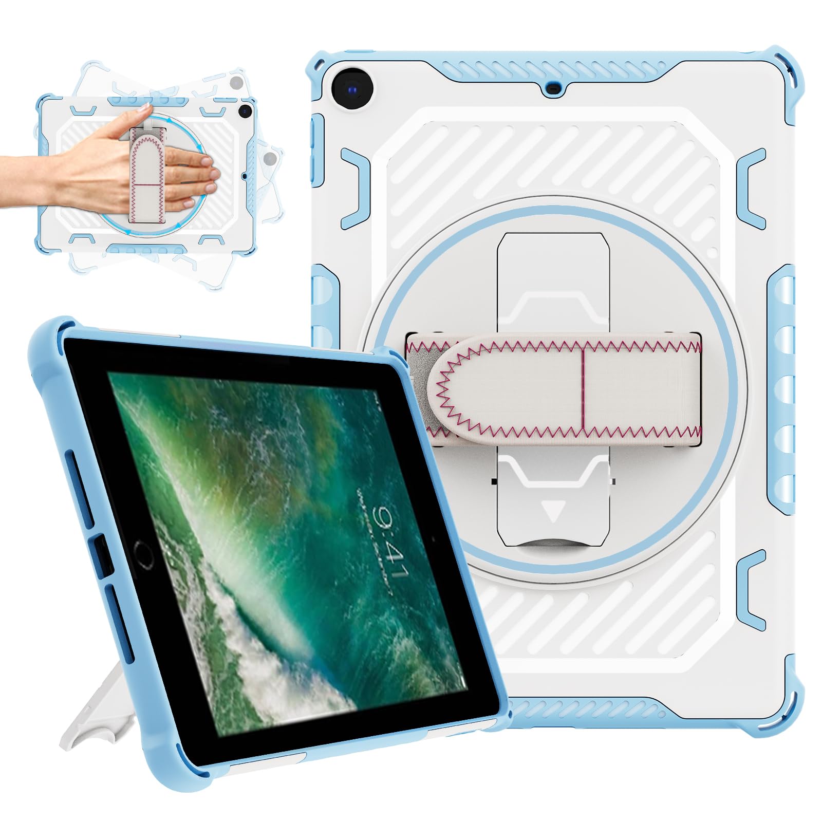 ROISKIN Case for iPad 6th/5th Generation 9.7 Inch: Heavy Duty Shockproof Rugged Protective Cover for Air 2/ Pro 9.7 2017/2018 with 360 Rotation Stand/Hand Strap for Kids Boys Girls (Blue)