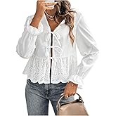 SweatyRocks Women's Long Sleeve Tie Front Peplum Blouse Hollow Out Eyelet Crop Tops