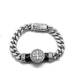 FUTPLOR St Benedict Exorcism Bracelet, Stainless Steel Catholic Bracelet Saint Benedict Medal Cuff Roman Cross Protection Jewelry Religious Amulet Gift for Men Patron Bracelets Size 8.5 Inches