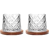 Rotatable Old Fashioned Glass Cup, 275ml/10oz Crystal Whiskey Glass Set of 2, Wood Coaster, Thickening, Used as Rum Glass Cup, Cocktail, Coffee, Milk to Relax and Reduce Stress, Christmas gifts