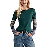 calbatic Women Waffle Knit Floral Cuffs Long Sleeve T Shirt Crew Neck Loose Fit Top Casual Fall Tee Top