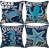 ULOVE LOVE YOURSELF Sea Throw Pillow Covers Only Ocean Theme Seahorse-Octopus-Starfish-Crab Pattern Beach House Decorative Cushion Cover Coastal Pillowcases 18”×18”,4Pack (Ocean Theme)