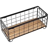 Metal Wire Storage Basket, Toilet Paper Roll Holder Wood Base Countertop Decor Box Toilet Tank Shelf Cabinet Organizer for Ba