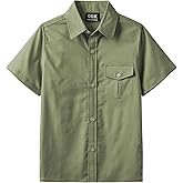 QBK Boys' Cotton Linen Short Sleeve Classic Button Down Shirts Boys Dress Shirt with Chest Pocket for 2T-16 Years