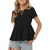 Cuptacc Womens Summer Babydoll Tops 2026 Waffle Knit Short Sleeve Crewneck T Shirts Dressy Casual Blouses
