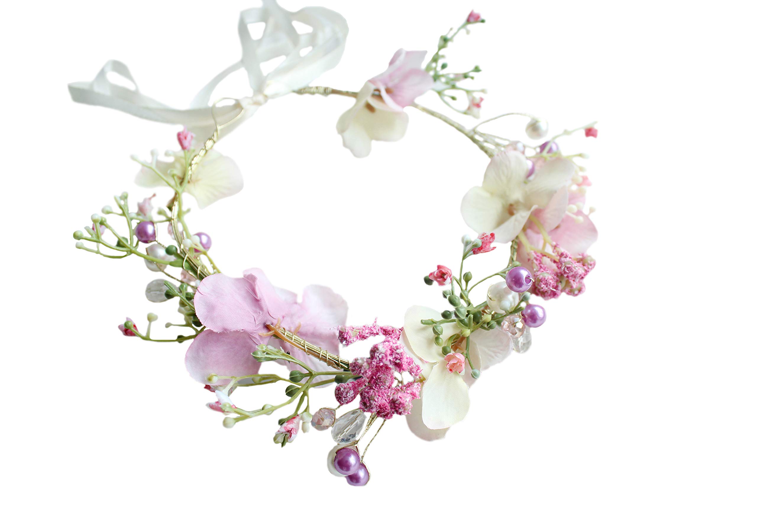 Brikuinr Floral Crown Wreath Pearl Flower Headband Hair Wreath Hair Garland Flower Halo Floral Headpiece with Ribbon Wedding Party Festival Pink — image 1
