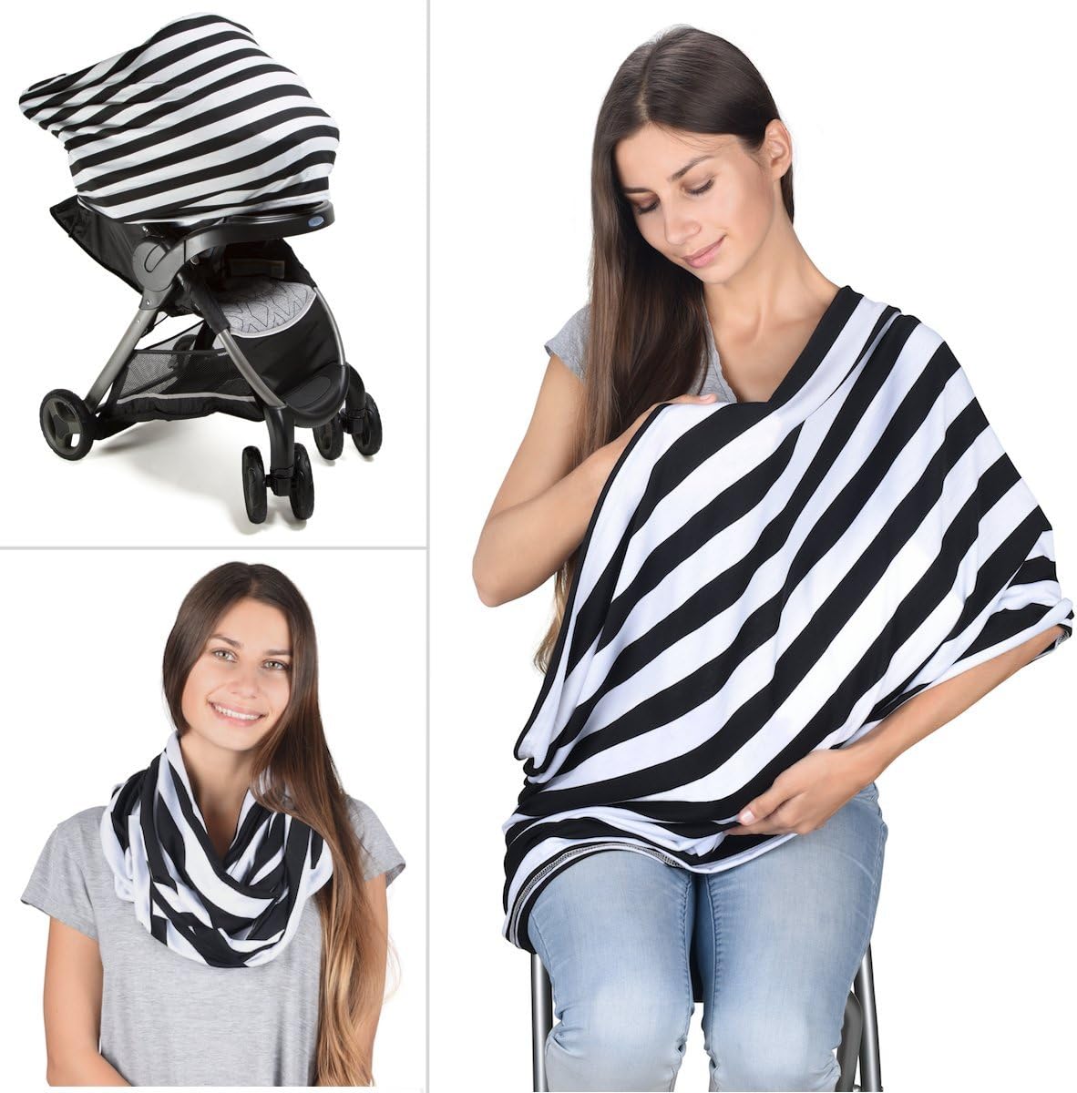 Nursing Scarf Breastfeeding Cover Stylish โ Car Seat Cover Canopy, Stroller, Multi-Use Stretchy Breathable Lightweight Shawl for Girls and Boys (White Black Stripe)