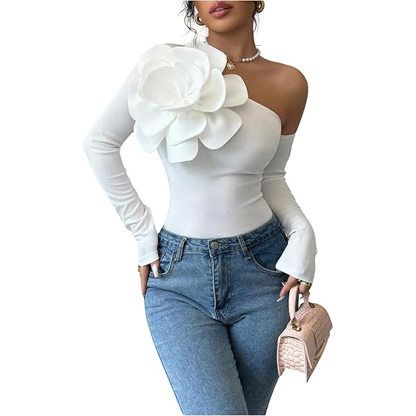 OYOANGLE Women's Floral Appliques Off the Shoulder Top Long Sleeve