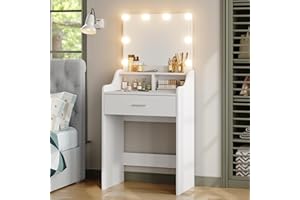 Furniouse Vanity Desk with Mirror and Lights, 23.6" Small Makeup Vanity Table Set with Storage, Drawer, 3 Lighting Modes Adjustable Brightness for Bedroom