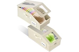 Uawsyut Stackable Hat Storage for Baseball Caps, 2 PCS Hat Storage Boxes for Closet, Holds up to 30 Caps with Cardboard, Hat Organizer for Women & Men(Two Clear Window) (Beige)