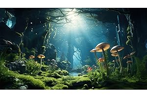 Riivvdise Aquarium Background Underwater World Terrarium Backdrop Jungle Style Mushrooms with Lush Moss Fish Tank Background Stream Rock Reptile Habitat Backdrop Tank Wallpaper Poster Vinyl 30x12in