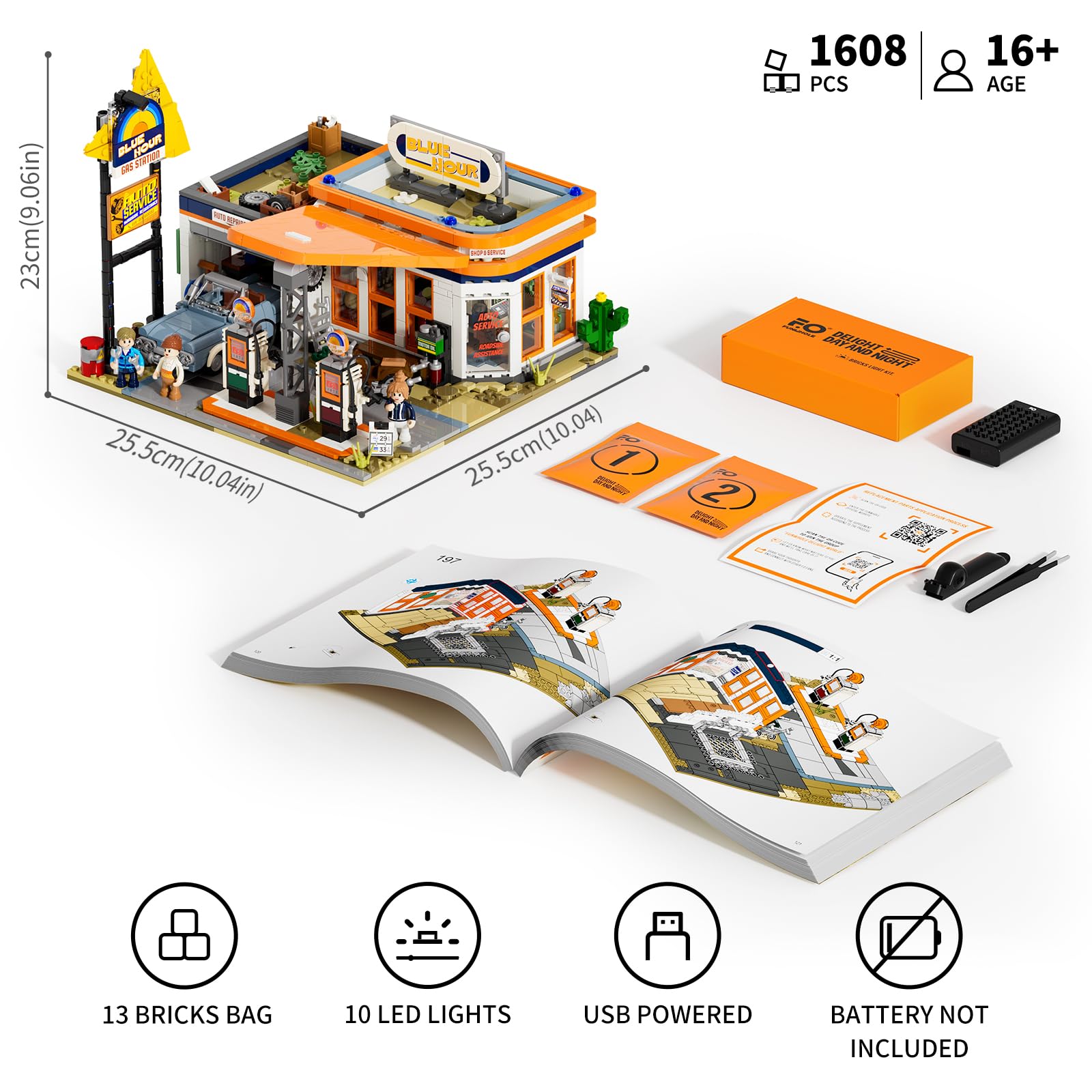 FUNWHOLE City Gas Station Bauset mit Licht – 1608PCS modularer Brick-Baukasten für Erwachsene & Teenager, zur Ausstellung & Roadtrip-Szenen, inklusive Oldtimer & Werkzeuge 6