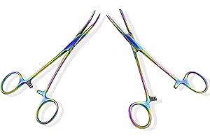 MuskalMed 2 Hemostat Curved and Straight Hemostat Forceps Piercing Pliers Multi Color Rainbow Forceps with Serrated Jaws, 5.5 Inch Stainless Steel Straight and Curved Pliers,Fishing Tweezer Hemostats
