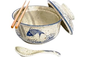 800ml Ceramic Ramen Bowl Set with Lid, Spoon and Chopsticks, Large Soup Bowls Japanese Vintage Instant Noodle Bowl Asian Tabl