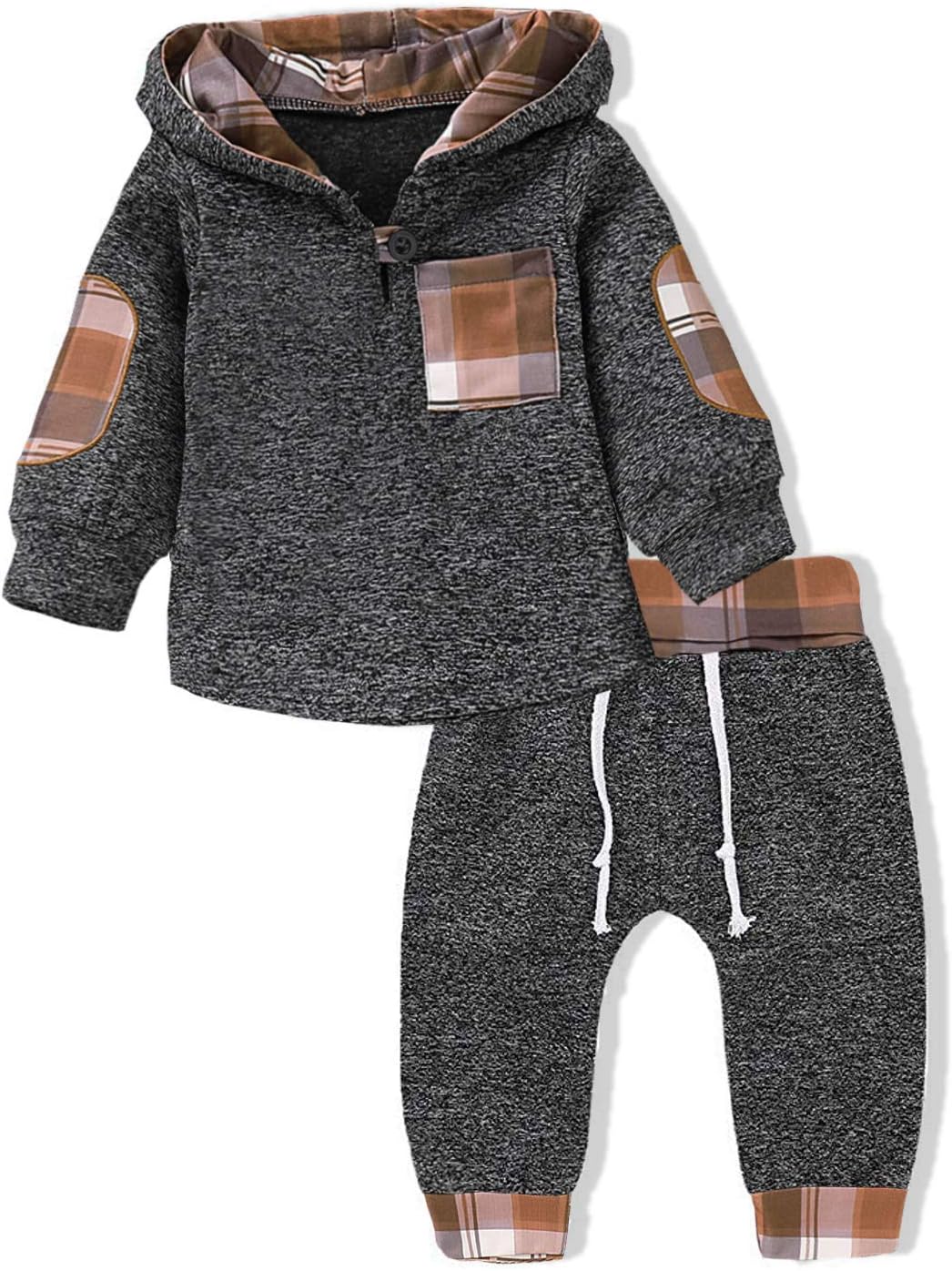 Toddler Infant Baby Boys Clothes Plaid Long Sleeve Hoodie Sweatshirt Pants Fall Winter 2Pcs Outfits Set…