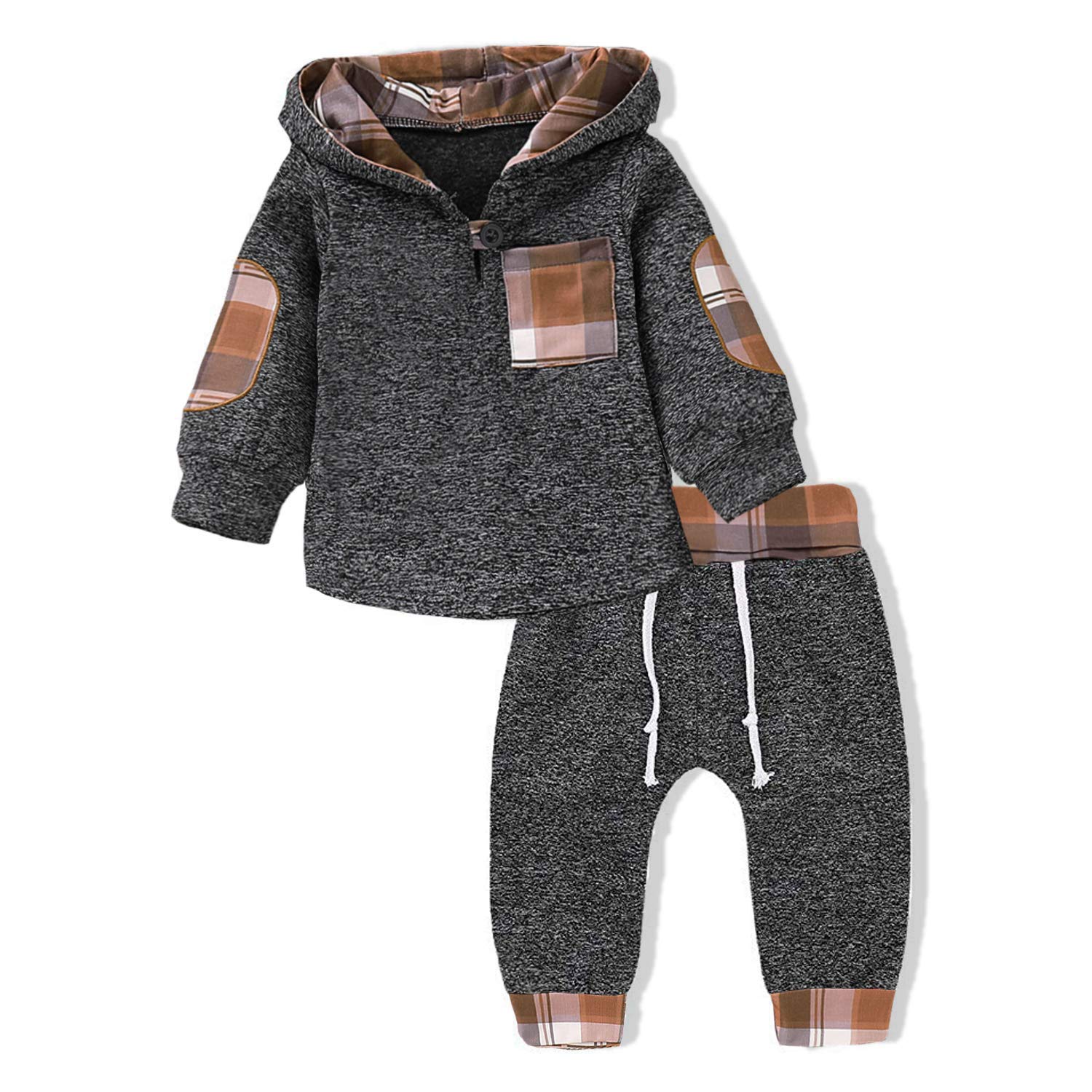 Toddler Infant Baby Boys Clothes Plaid Long Sleeve Hoodie Sweatshirt Pants Fall Winter 2Pcs Outfits Set…