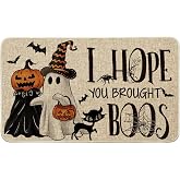 Artoid Mode Ghost Pumpkins Cat Halloween Doormat, I Hope You Brought Boos Spider Web Home Decor Low-Profile Switch Rug Door Mat Floor Mat for Indoor Outdoor 17x29 Inch