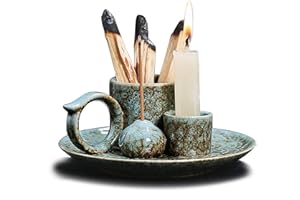 YIENENG 4 in 1 Ceramic Incense Burner Holder with Handle for Burning Sage, Palo Santo Stick, Joss Sticks, Candle in Your New House, Office, Yoga, Meditation Room (Speckled Blue)