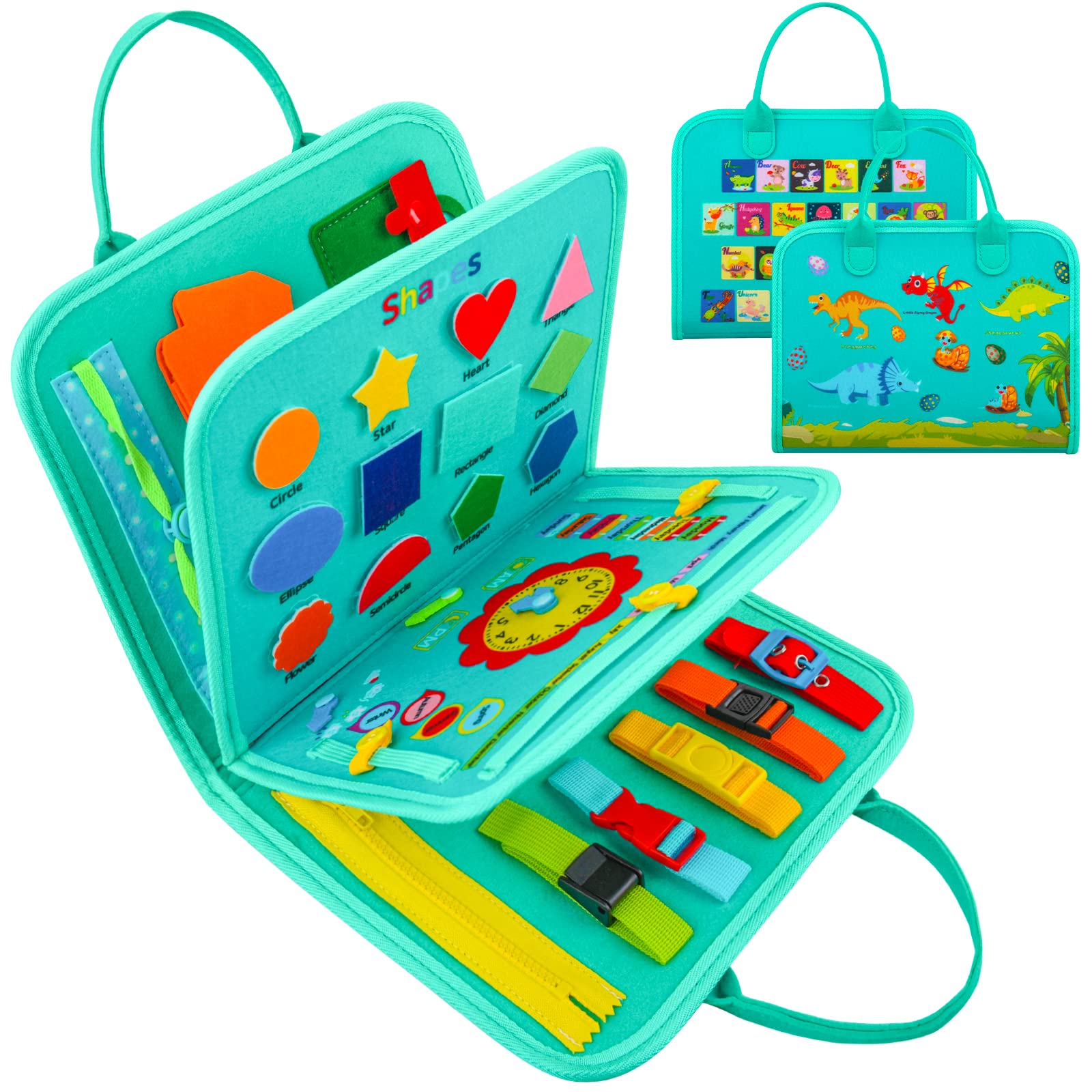 Clomnpe Busy Board for Toddlers, 34 IN 1 Montessori Toys Sensory Activities Preschool Educational Toys for Learning Fine Motor Skills for 3 4 5 6 Years, Travel Toys for Kids on Plane - Green/Dinosaur