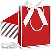 Silkfly Paper Gift Bags with Handle 9x7x3.15'' Thank You Gift Bags with Bow Ribbon for Graduation Appreciation Holiday Wedding Bridal Baby Shower Birthday Party Supplies(Red and White,12 Pcs)