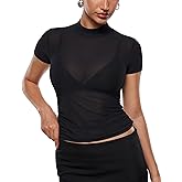 INLYRIC Women's Cosnufy Mesh Sheer Short Sleeve Shirts See Through Mock Neck Ruched Summer Going Out Tops Sexy Tees