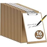 HappyHapi 16 Pack Clipboard 8.5 x 11 Letter Size Clip Boards Bulk, A4 Wooden Hardboard Office Clipboards Pack for Classroom, Work-Meetings, Brown