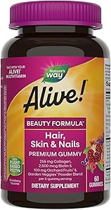 Nature's Way Alive! Hair, Skin & Nails Premium Gummies, Beauty Formula*, with Collagen, Biotin, Vitamins C & E, Strawberry Fl
