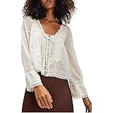 Yiulangde Tie Front Lace Tops for Women Trendy Ruffle Trim V-Neck Chiffon Blouse Y2k Sheer Peplum Long Sleeve Button Tshirts