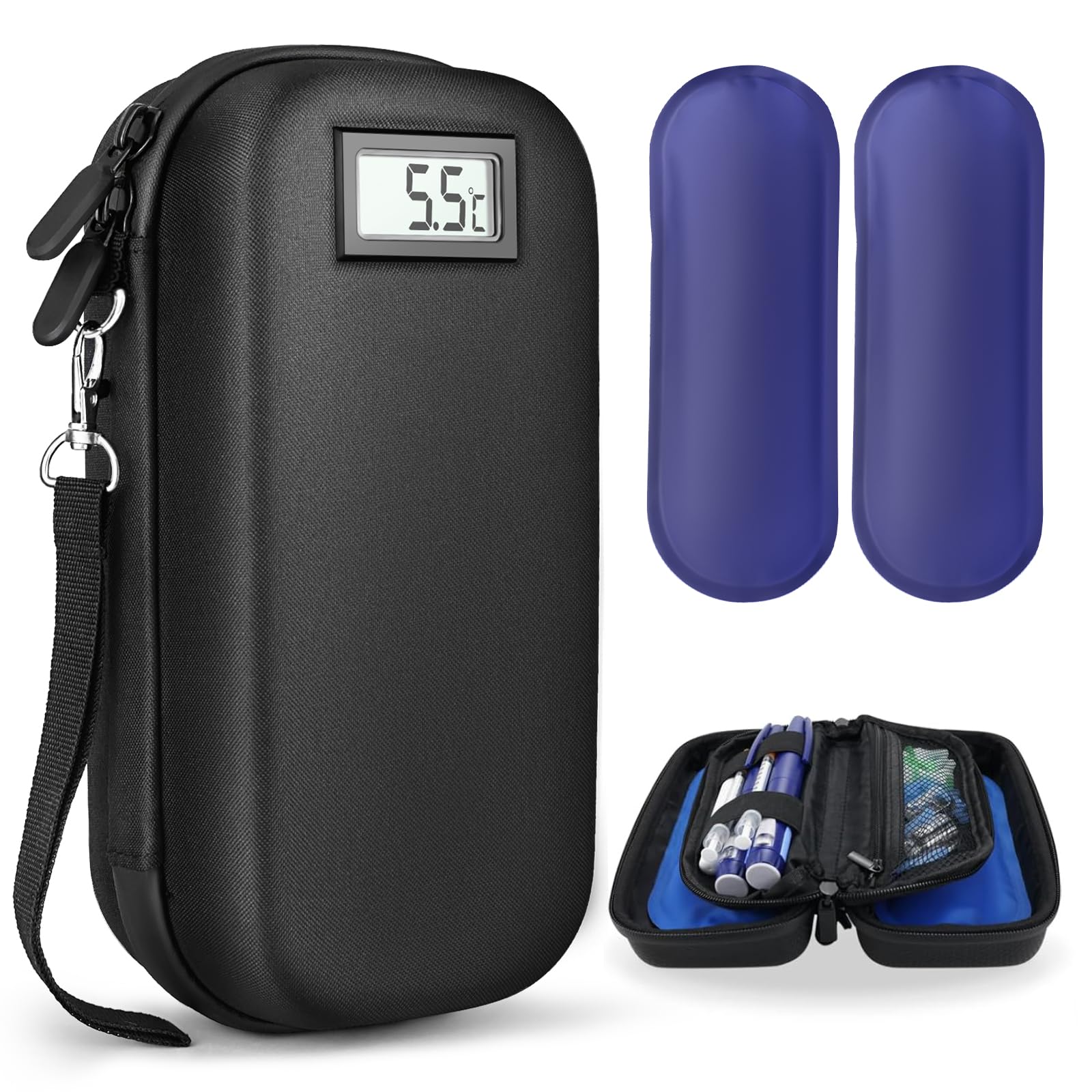 CWAWF 24h Insulin Cooler Travel Case TSA Approved Medication Cooler with Thermometer Temperature Display & 2 Reusable Ice Packs, Portable Diabetes Refrigerated Medicine Travel Bag for Daily Life Trip