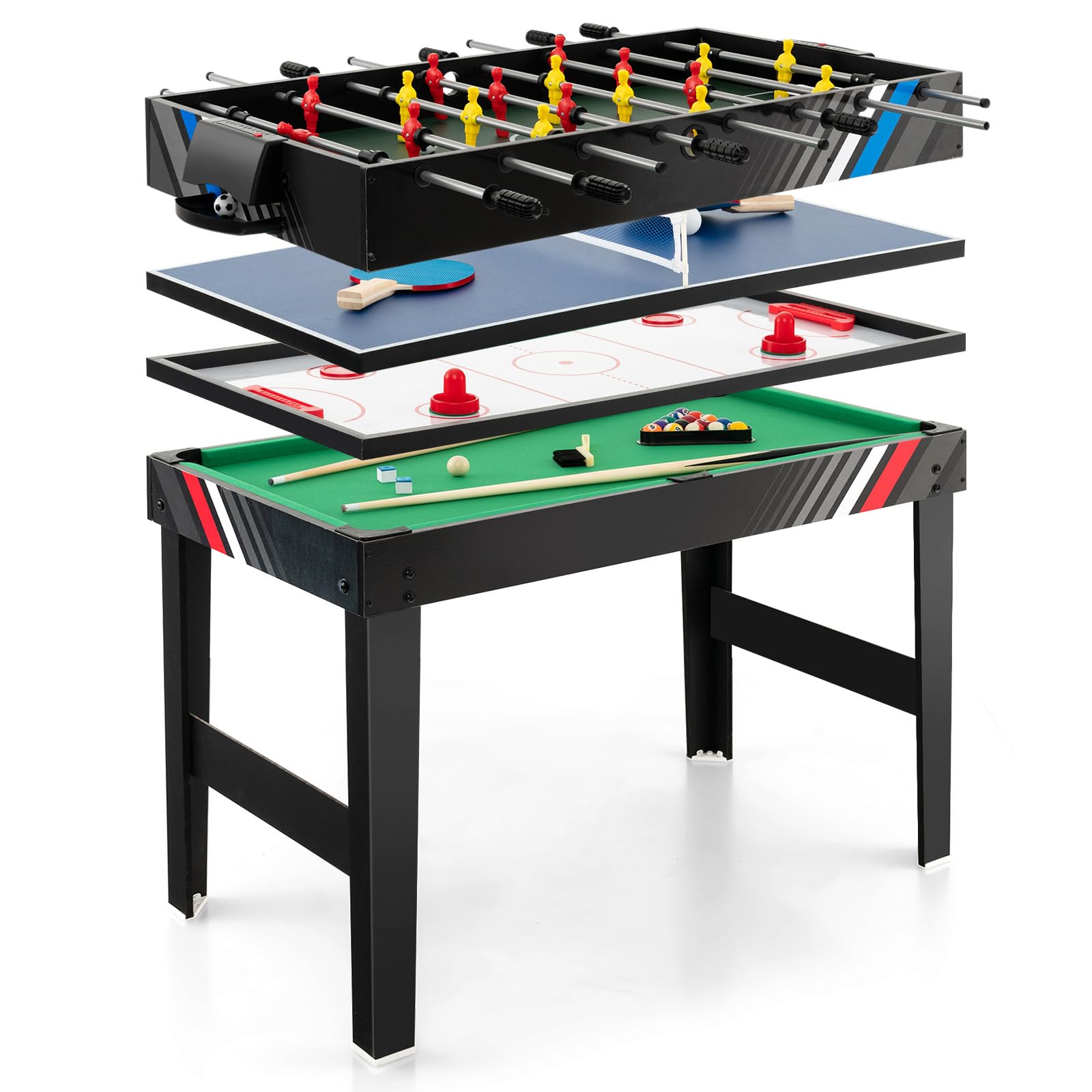 COSTWAY Multi Spieltisch, 4 in 1 Tischkicker mit Billard, Hockey, Tischtennis, Multifunktionstisch Tischfußball mit Zubehör, Kickertisch für Spielzimmer, Party, Bars, 125 x 97 x 83 cm (Schwarz)