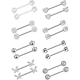 Akeoqi 8 Pairs Nipple Rings Tongue Ring 14G Stainless Steel CZ Ball Heart Butterfly Nipple Straight Barbells Body Piercing Jewelry for Women Men Silver Rose Gold Plated 14mm