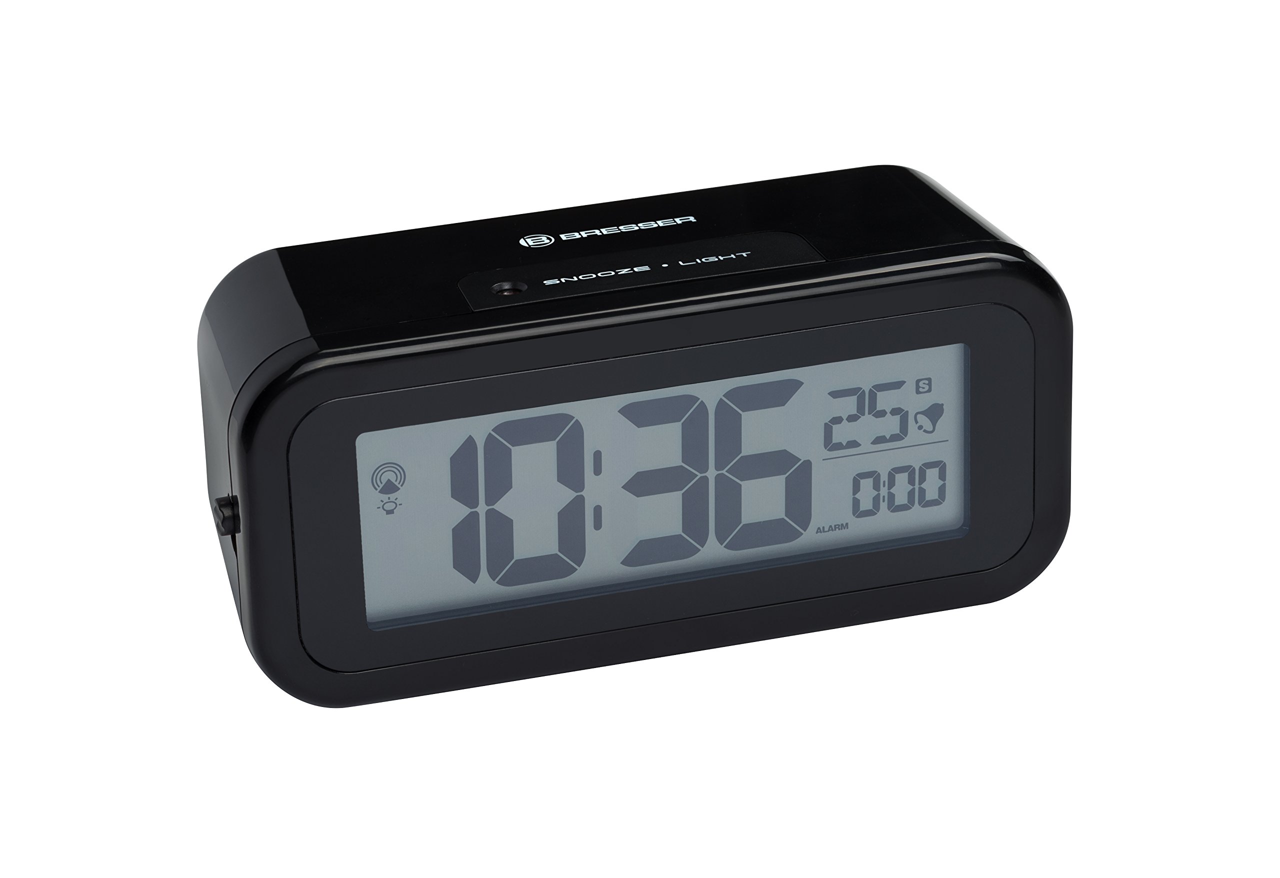 Bresser DCF MyTime Amber Radio-Controlled Alarm Clock with Amber, Adjustable Backlight with Battery Operation, Alarm and Temperature Display, Black